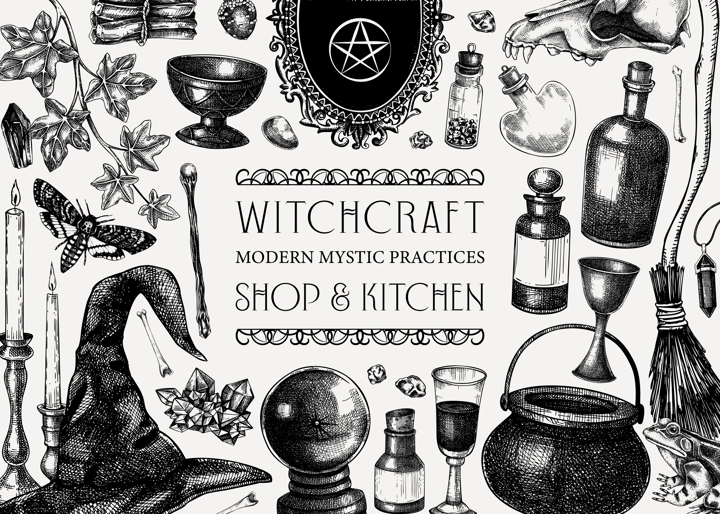 Bohemian style witchcraft background. Vinatge Halloween sketches. Hand-drawn vector illustration. Antique apothecary frame design. Witchcraft shop banner. NOT AI generated